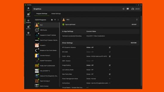 Ρυθμίσεις γραφικών της εφαρμογής nvidia
