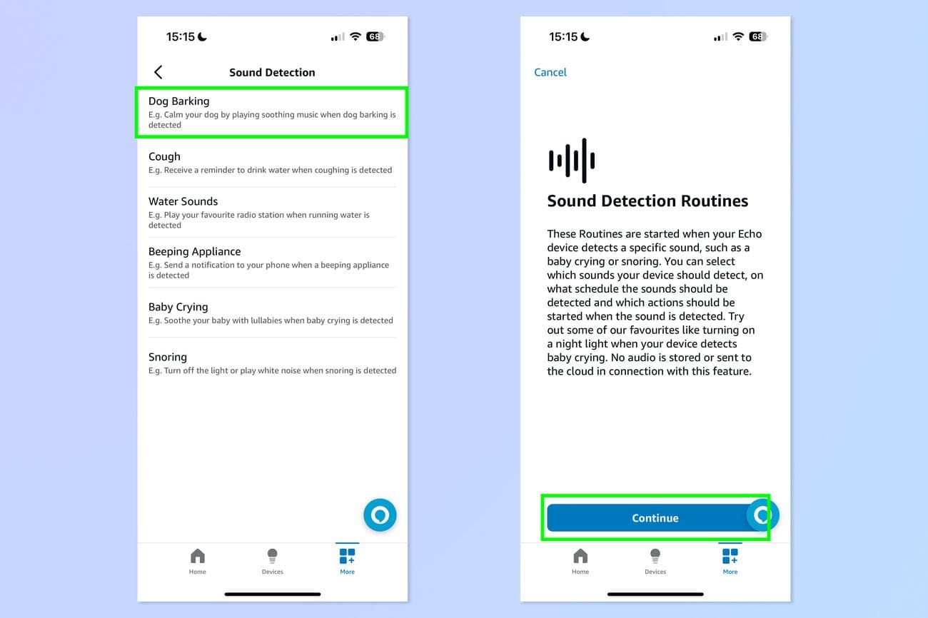 Ένα στιγμιότυπο οθόνης που δείχνει πώς να χρησιμοποιείτε τη συσκευή Echo για να σταματήσετε το γάβγισμα του σκύλου σας ενώ είστε έξω.