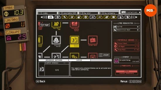 Ο Σταθμός Κατασκευής εμφανίζει τις διαθέσιμες αναβαθμίσεις ξοδεύοντας το Pacific Drive Unstable Energy and Corrupt Energy.