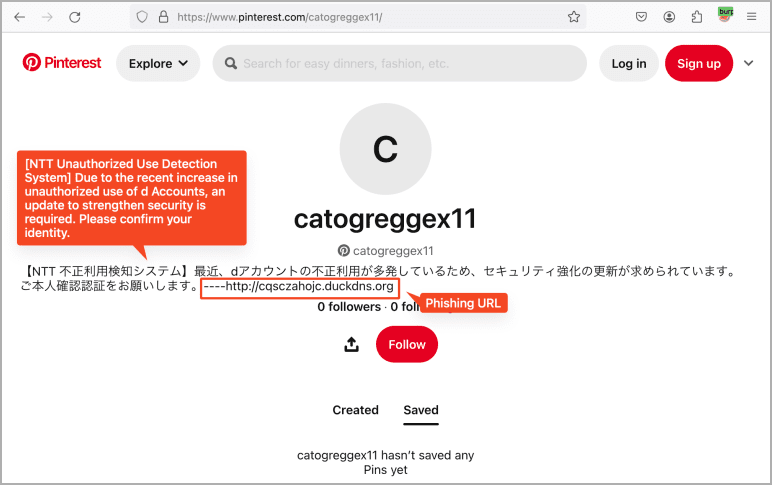 Προφίλ Pinterest που φιλοξενεί το μήνυμα ηλεκτρονικού ψαρέματος και τη διεύθυνση URL