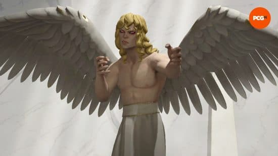 Ο ξανθός μαλλιαρός Solium Infernum Archfiend Andromalius απλώνει τα χέρια του θυμωμένος.