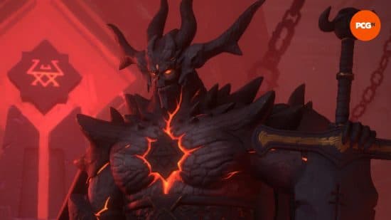 Ο κερασφόρος Σκοτεινός Άρχοντας Astaroth, ένας από τους Solium Infernum Archfiends, με τα μάτια και το στήθος του να λάμπουν κόκκινο.