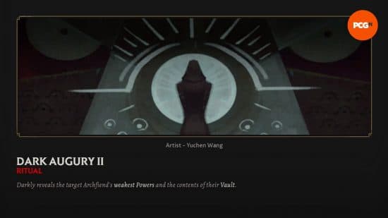 Η εγγραφή στο παιχνίδι Encyclopedia για το Dark Augury II, ένα από τα καλύτερα Solium Infernum Rituals.