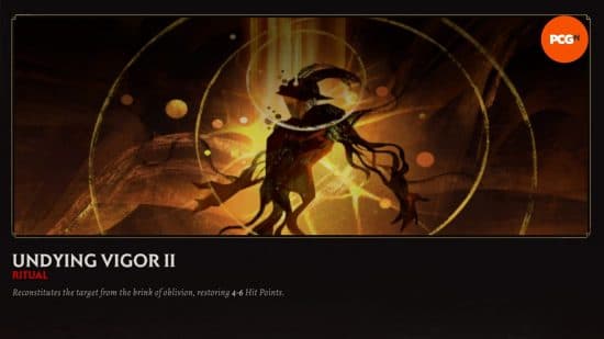 Το λήμμα της εγκυκλοπαίδειας εντός παιχνιδιού για το Undying Vigor II, ένα από τα καλύτερα Solium Infernum Rituals.