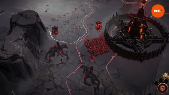 Δύο Abyss Striders πλησιάζουν το Pandaemonium ενώ το κοντινό έδαφος είναι διάσπαρτο με τα σώματα μιας ηττημένης Λεγεώνας στο Solium Infernum.