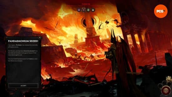 Μια οθόνη πιτσιλιάς Solium Infernum που δείχνει ότι το Pandaemonium κατασχέθηκε από τη Λεγεώνα του παίκτη, το Τέρας.