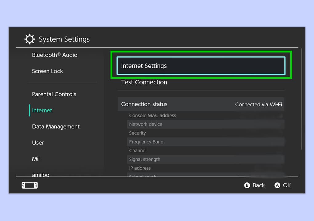Ένα στιγμιότυπο οθόνης του μενού Internet στις Ρυθμίσεις σε ένα Nintendo Switch.
