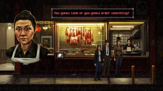 Best detective games: three people stand in the dark and the rain while ordering food.