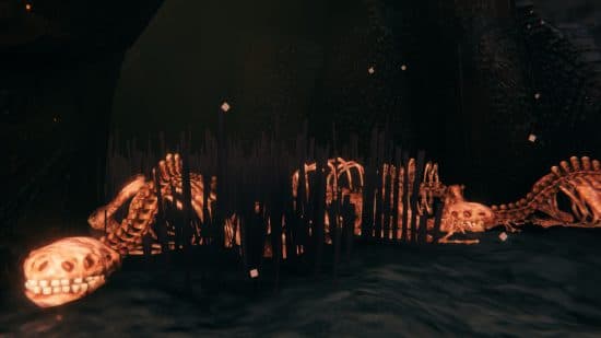 Τέρατα Valheim Ashlands - Ένας γιγάντιος σκελετός βρίσκεται στο μαυρισμένο γρασίδι του νέου βιώματος.