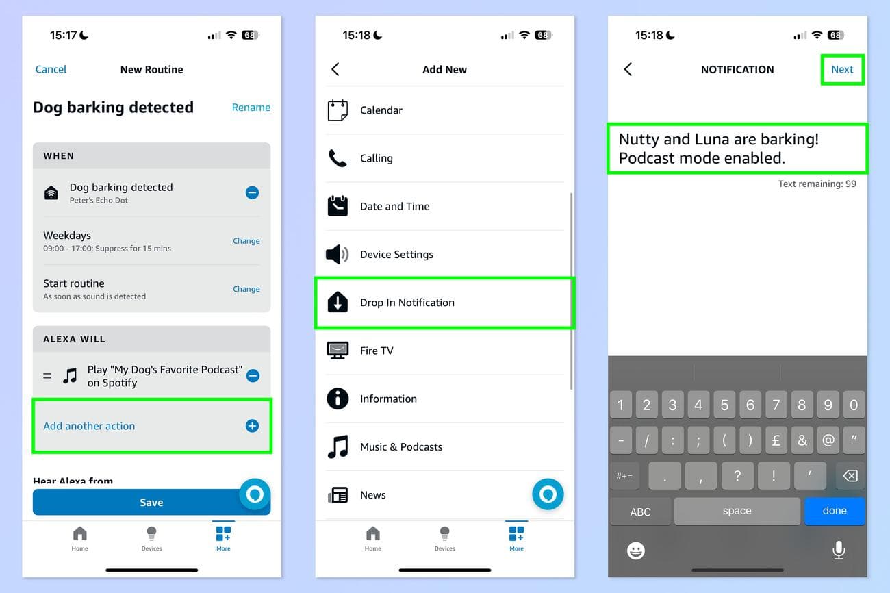 Ένα στιγμιότυπο οθόνης που δείχνει πώς να χρησιμοποιείτε τη συσκευή Echo για να σταματήσετε το γάβγισμα του σκύλου σας ενώ είστε έξω.