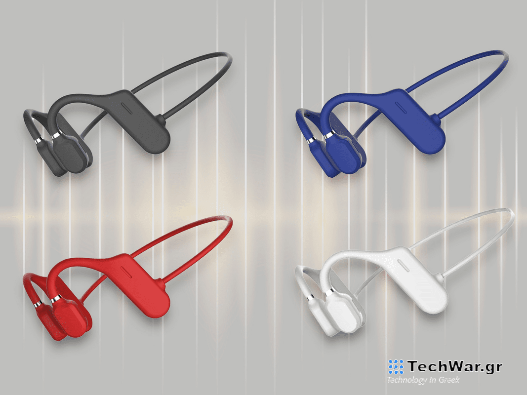Four pairs of wireless bone conduction headphones on a grey background.