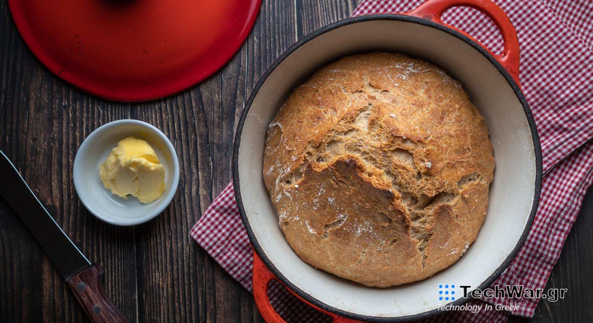 No-knead bread in a red Dutch oven
