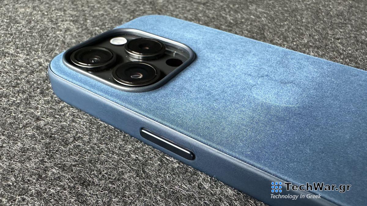 The iPhone 15 Pro with a Pacific Blue Apple FineWoven case on.