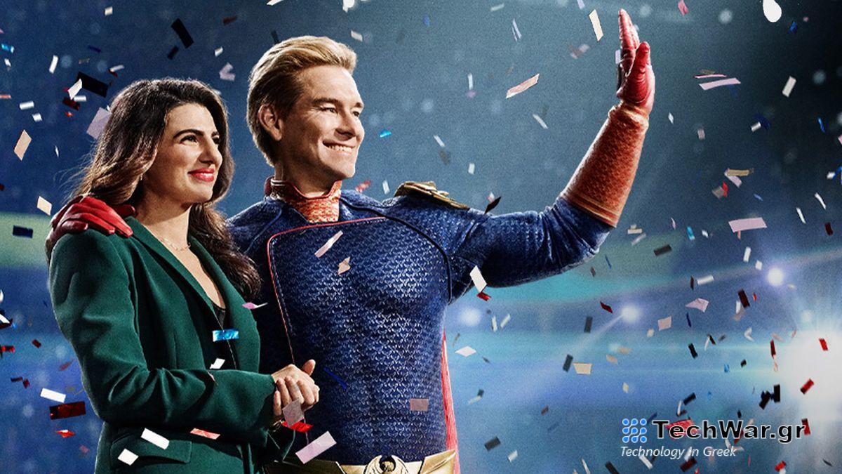 Key art for The Boys season 4 showing Victoria Neuman and Homelander getting covered in confetti