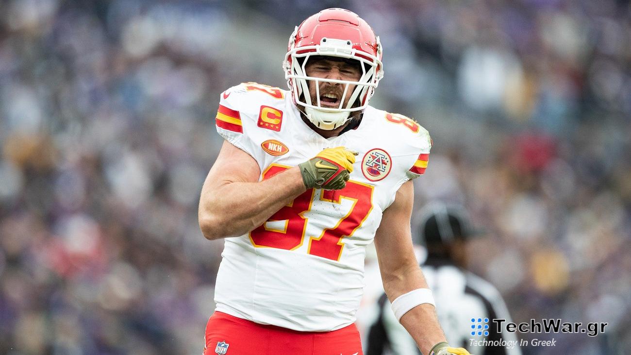 Travis Kelce #87 of the Kansas City Chiefs reacts after a play during the AFC Championship NFL football game against the Baltimore Ravens at M&T Bank Stadium on January 28, 2024 in Baltimore, Maryland.