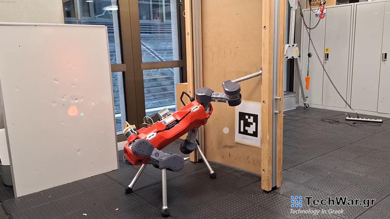 Researchers taught this dog-inspired robot to open doors with its leg using a reinforcement learning model.