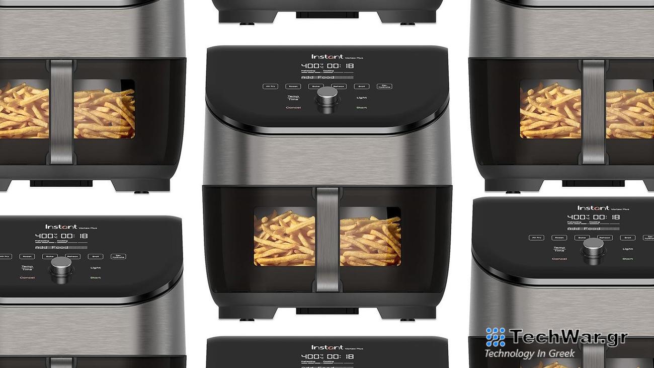 Instant air fryers arranged in a pattern on a white background