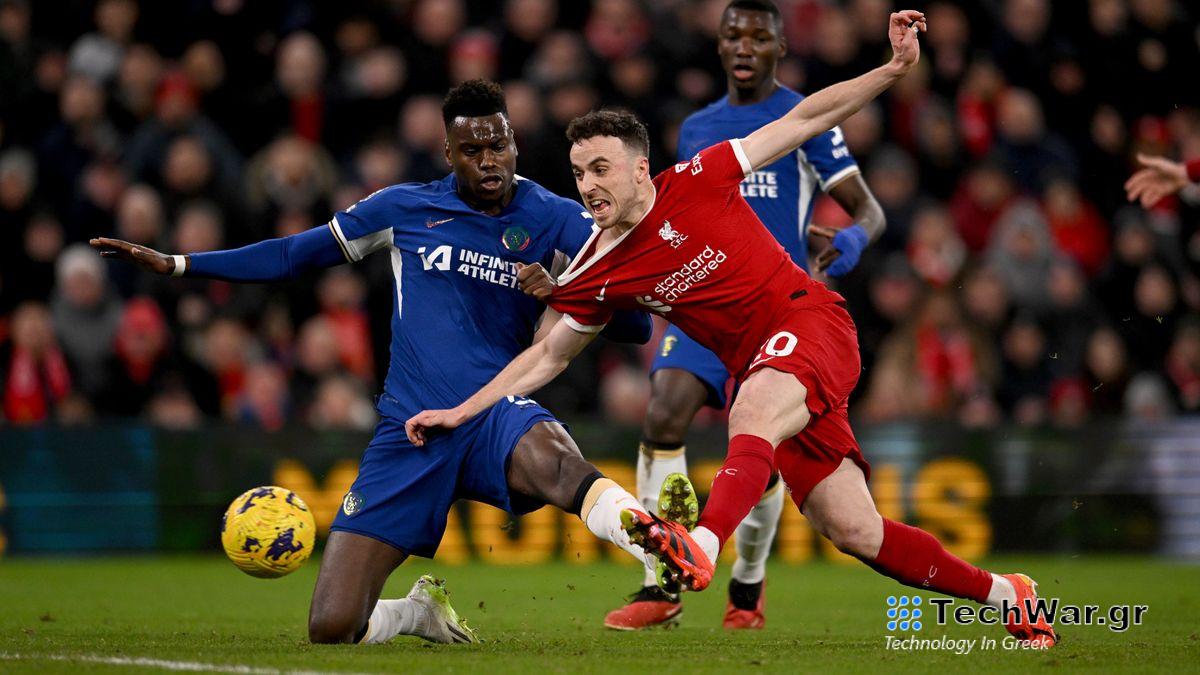 Benoit Badiashile brings down Diogo Jota during Liverpool vs Chelsea 2024
