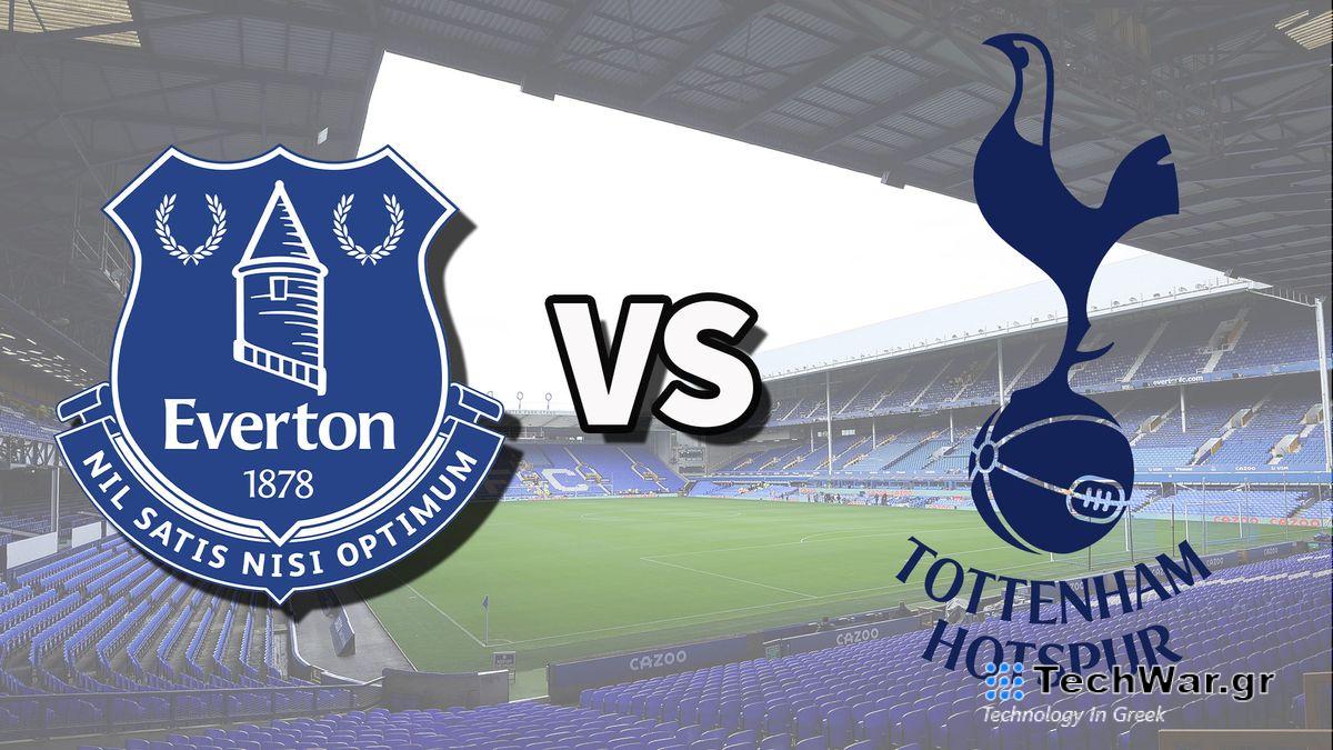 The Everton and Tottenham Hotspur club badges on top of a photo of Goodison Park stadium in Liverpool, England