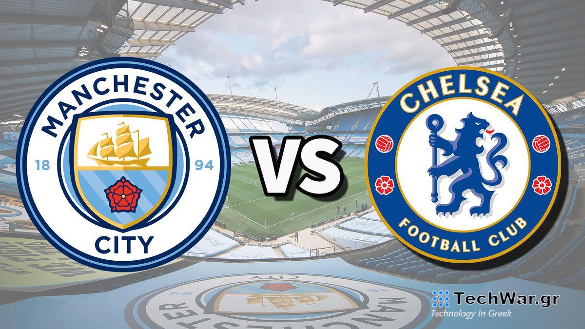 The Manchester City and Chelsea club badges on top of a photo of the Etihad Stadium in Manchester, England