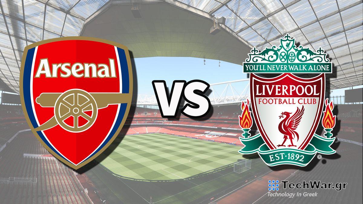 The Arsenal and Liverpool club badges on top of a photo of Emirates Stadium in London, England