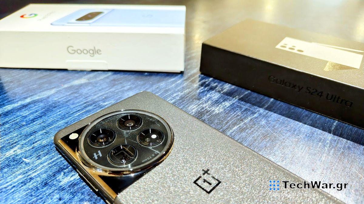 Close up of OnePlus 12 next to Google Pixel 8 and Samsung Galaxy S24 boxes