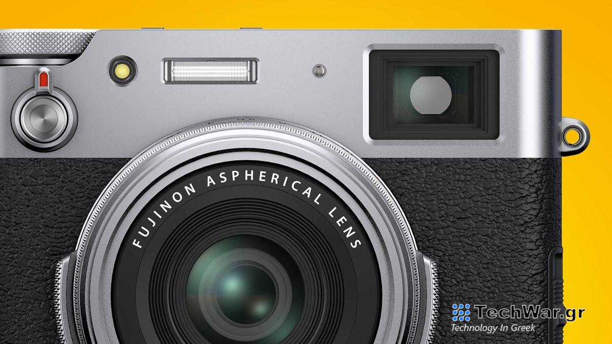 The Fujifilm X100V camera on a yellow background