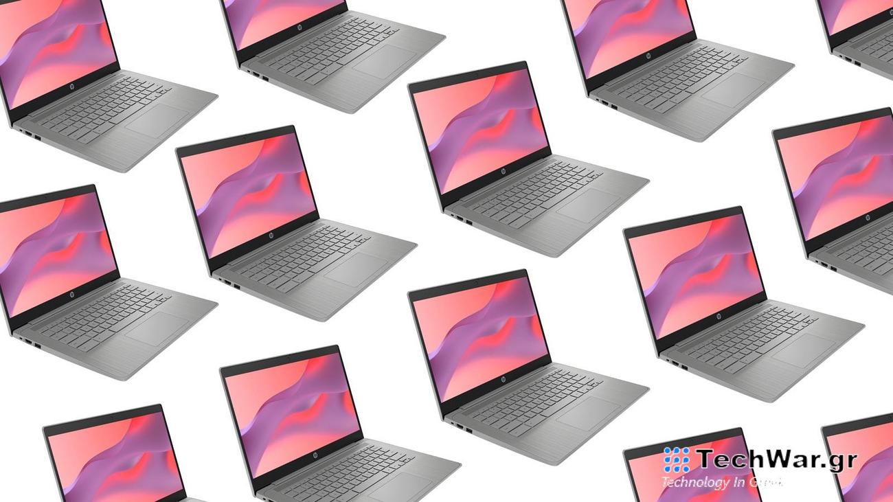HP Chromebooks arranged in a pattern on a plain background