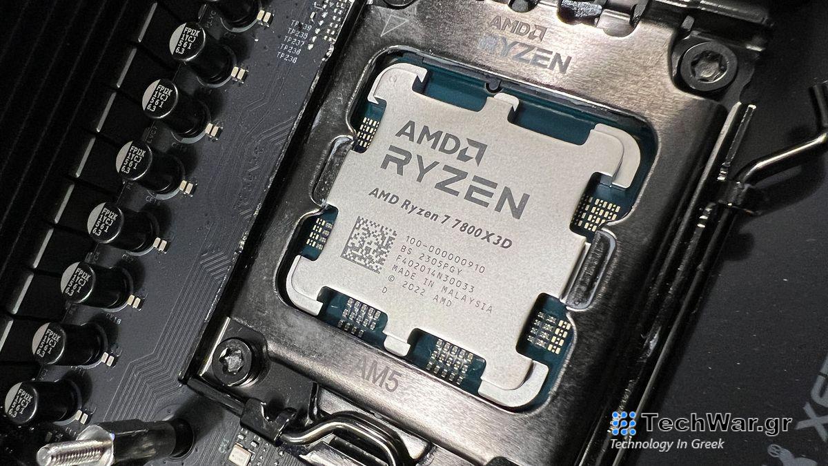 An AMD Ryzen 7 7800X3D slotted into a motherboard