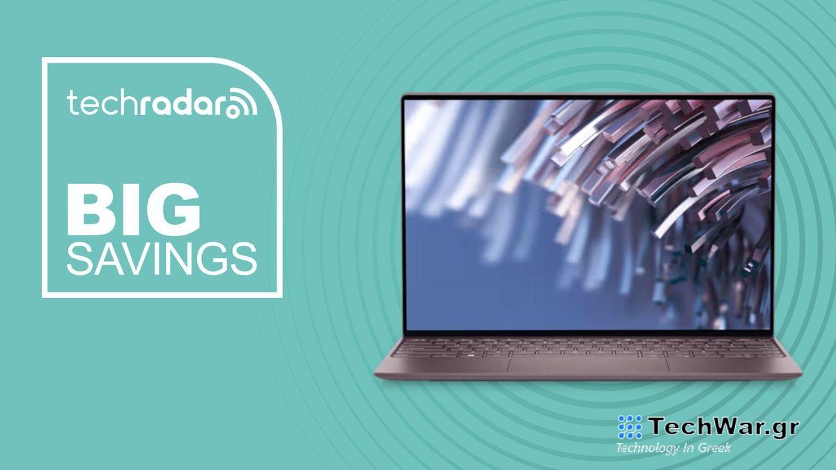 Dell XPS 13 on blue background with big savings text overlay