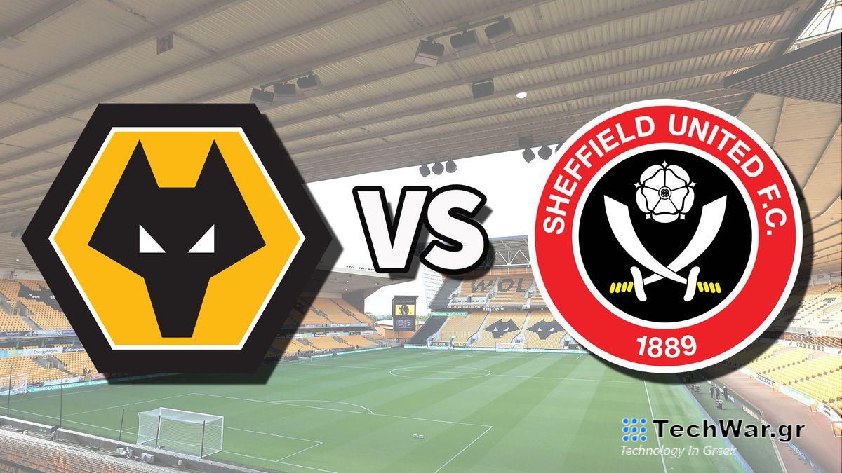 The Wolverhampton Wanderers and Sheffield United club badges on top of a photo of Molineux stadium in Wolverhampton, England