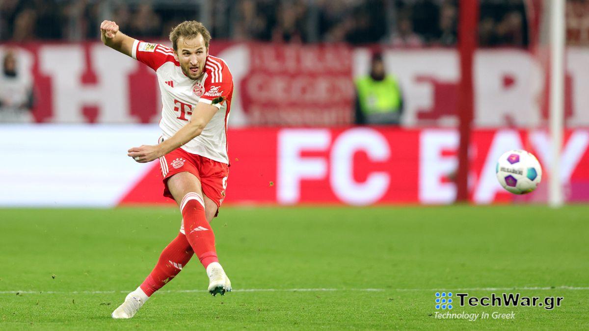 Harry Kane of FC Bayern München plays the ball during the Bundesliga match between FC Bayern München and 1. FC Union Berlin at Allianz Arena on January 24, 2024 in Munich, Germany.