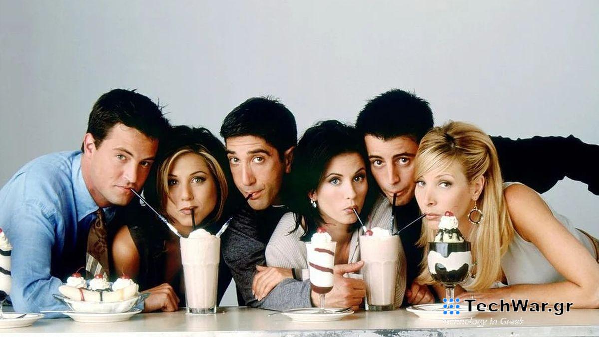 The cast of Friends, Matthew Perry, Jennifer Aniston, David Schwimmer, Courtney Cox, Matt LeBlanc and Lisa Kudrow, sip from milkshakes in a classic promo image