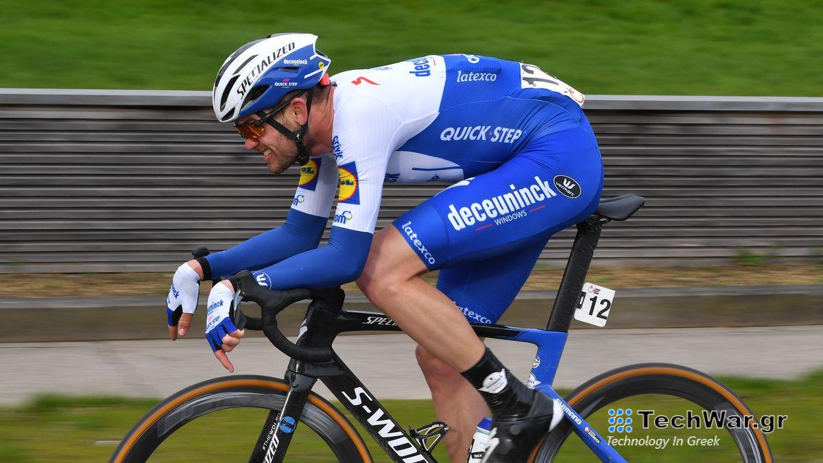 Kasper Asgreen of Denmark and Team Deceuninck-Quickstep races along during the Kuurne-Brussel-Kuurne cycling event