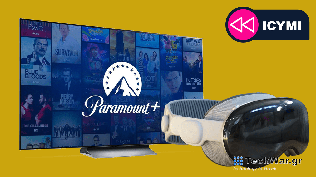 The Apple Vision Pro sat in front of an LG OLED TV with Paramount Plus showing on it