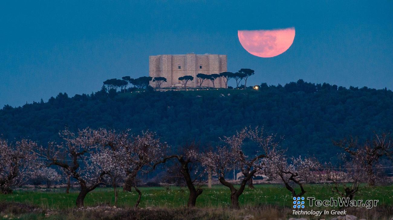 The full moon rises behind the Castel del Monte in Andria, Italy on March 7, 2023. March's full moon is also called the worm moon.