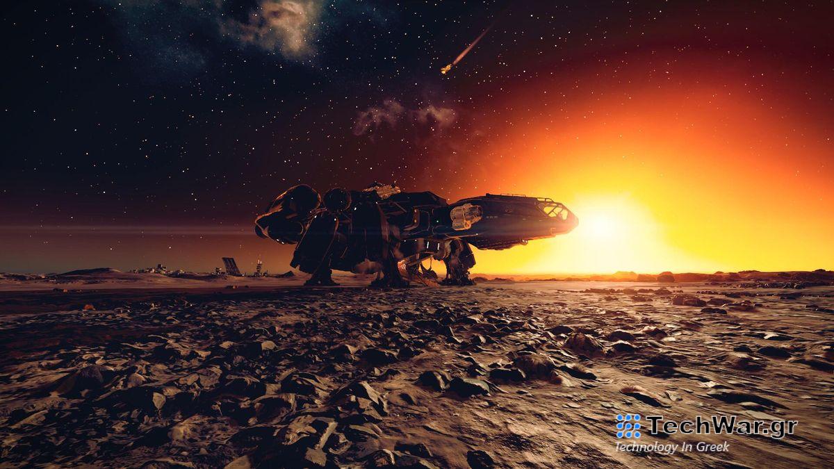 A stunning view of a sunset behind the spaceship on Starfield