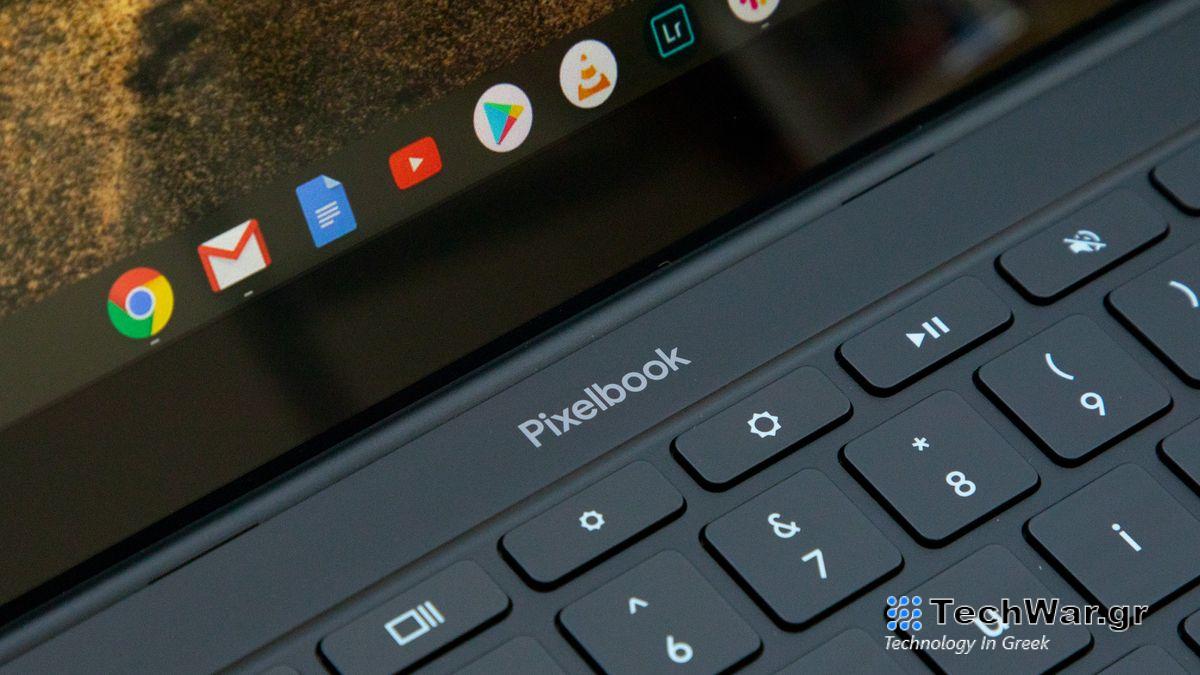 Close up of the Pixelbook Go logo below the screen.