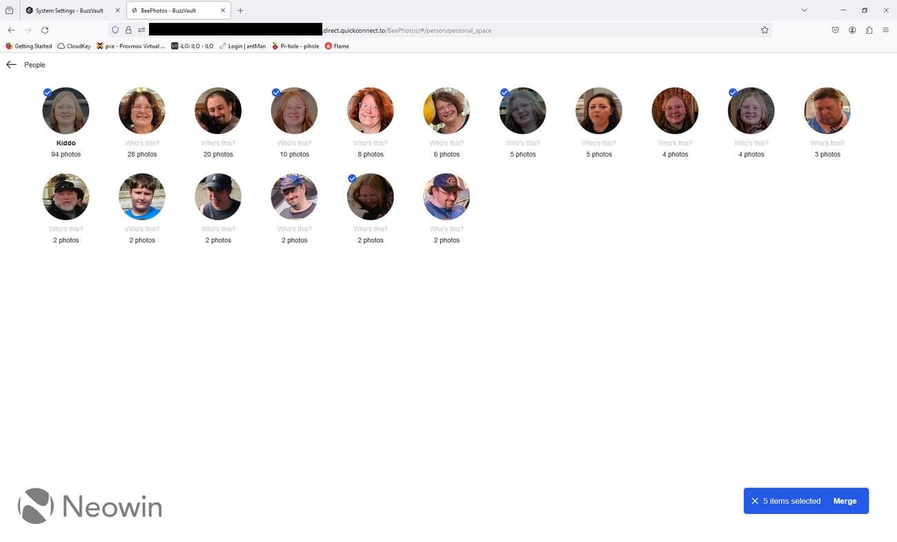 Screenshot showing merging faces in Synology BeePhotos