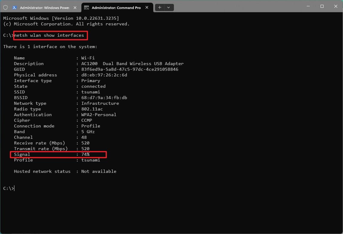 Η γραμμή εντολών εμφανίζει σήμα Wi-Fi