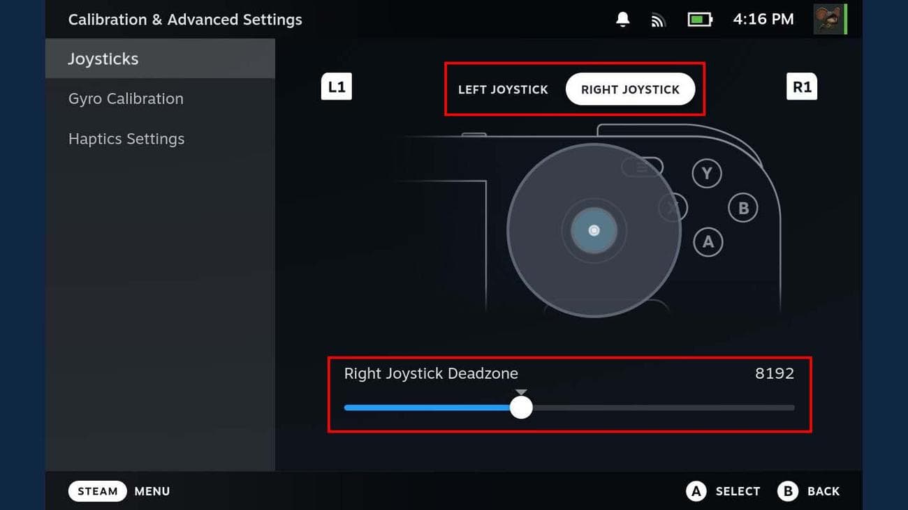 Ρύθμιση νεκρής ζώνης Steam Deck.