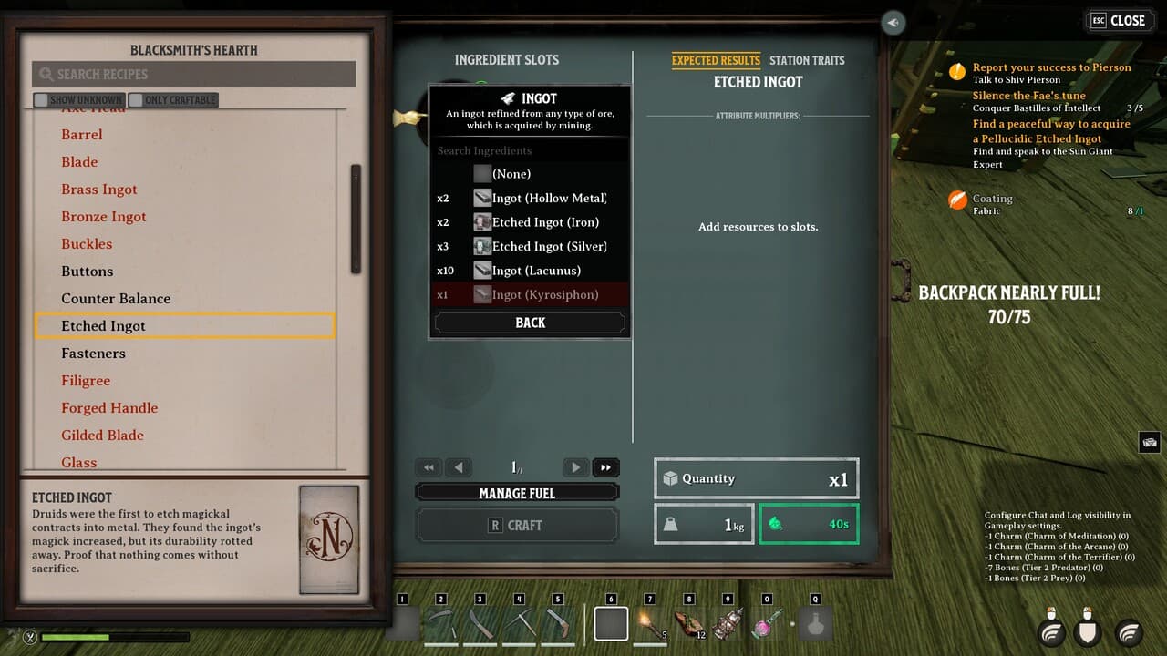 Nightingale screenshot of the crafting system