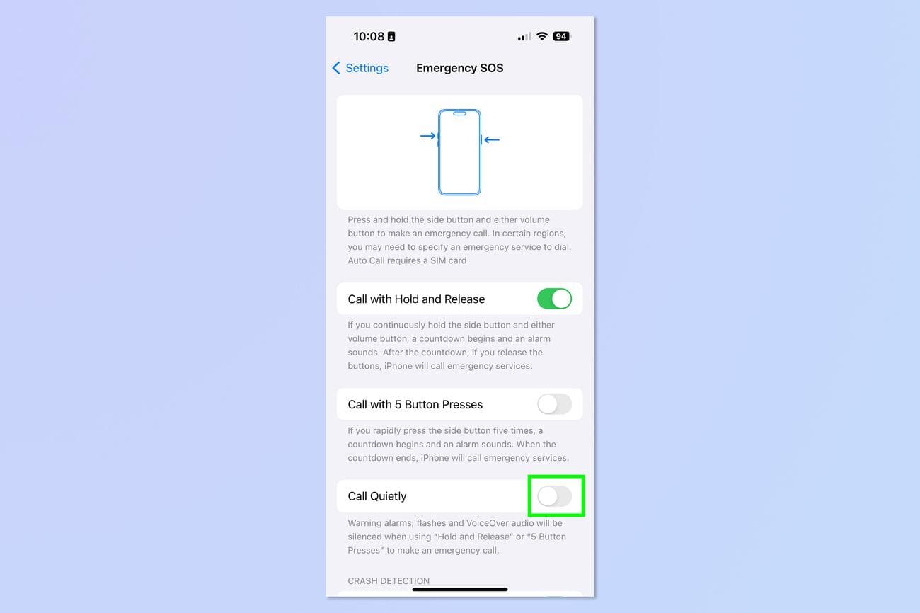 Ένα στιγμιότυπο οθόνης που δείχνει πώς να ενεργοποιήσετε τη λειτουργία Call Quietly Emergency SOS στο iPhone
