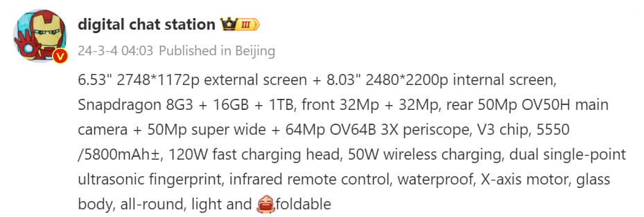 Προδιαγραφές Digital Chat Station Vivo X Fold 3 Pro