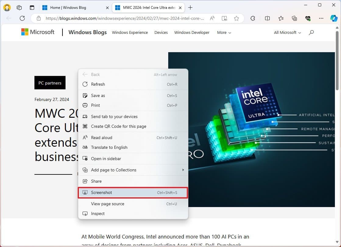 Edge screenshot option