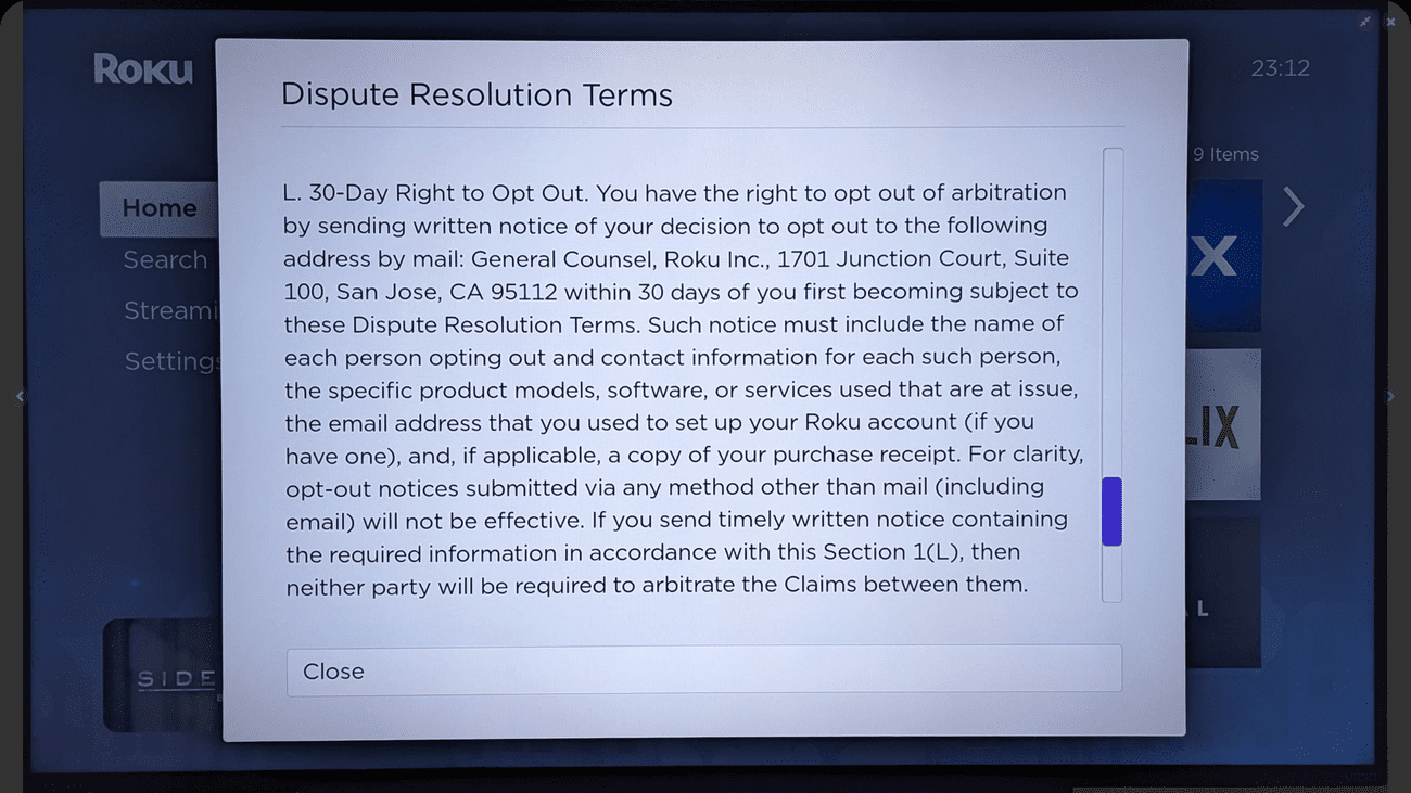 Η διαδικασία εξαίρεσης για τους ενημερωμένους όρους Επίλυσης Διαφορών του Roku