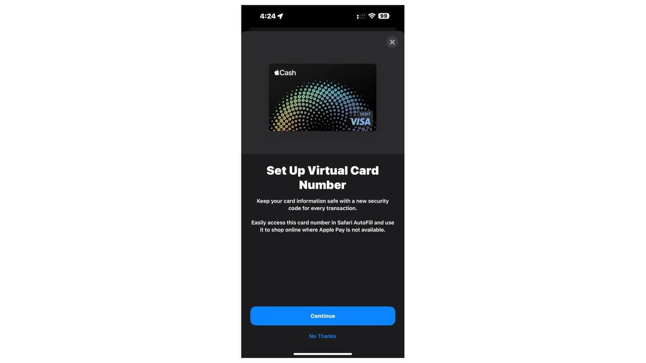 iOS 17.4 Beta Apple Cash που δημιουργήθηκε ο αριθμός κάρτας