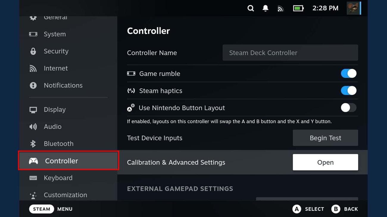 Καρτέλα Steam Deck Controller.