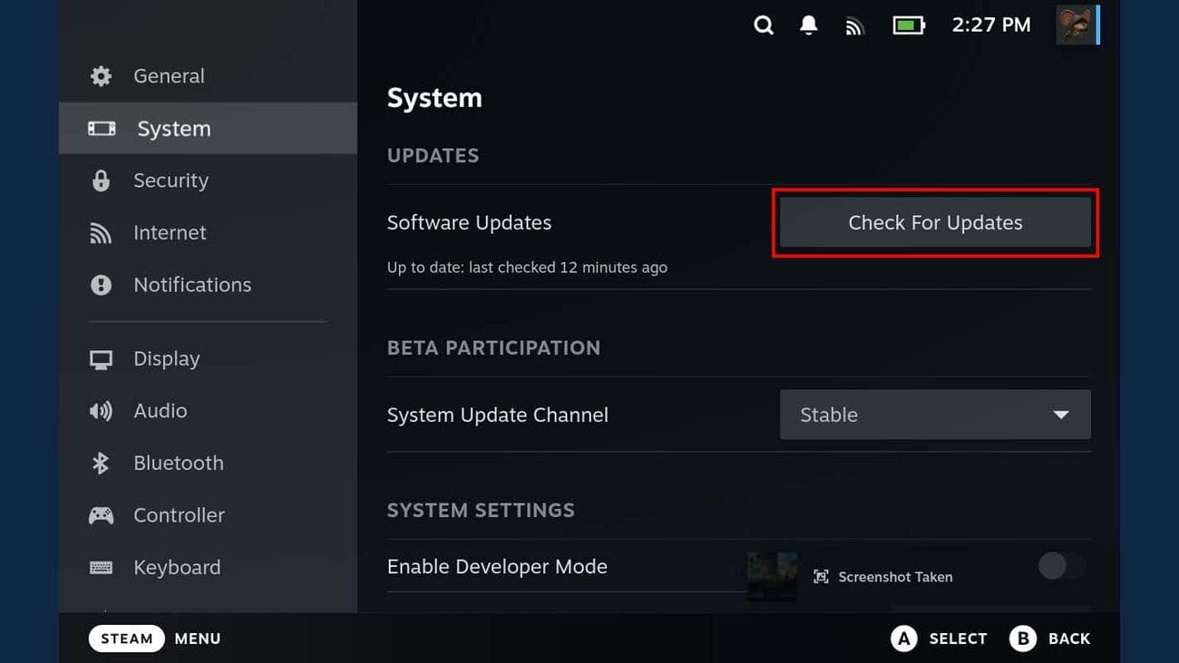Έλεγχος Steam Deck για ενημερώσεις.