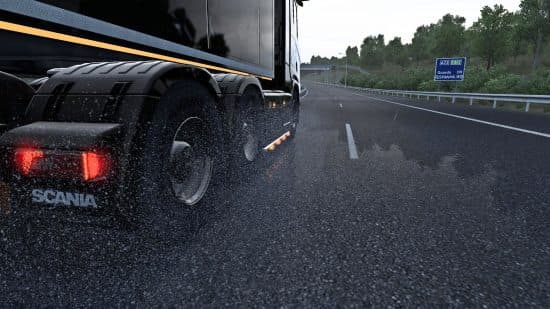 mods American Truck Simulator: Ο ψεκασμός τροχών που προκαλείται από το Realistic Brutal Graphic Graphics και Weather mod.